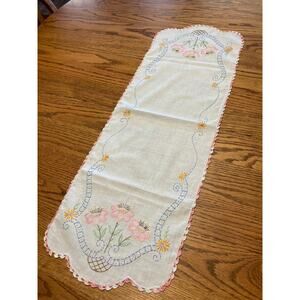 vintage embroidered dresser scarf table runner with pink edging